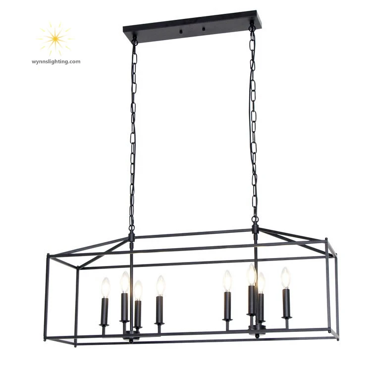 8 Lights Matt Black Chandelier Candle Style Rectangle Metal Lamp Suspension Lighting Indoor Home and Villa Decorative Pendant Lighting