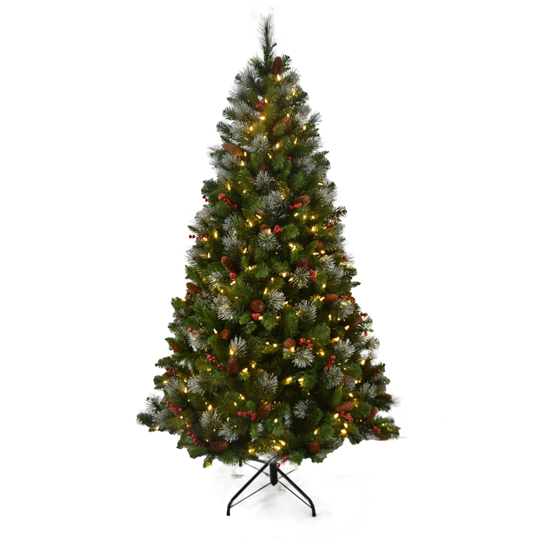 New Arrival Green Classic 7.5 FT Pre-Lit LED Christmas Tree Decorated with Pinecones and Clear Lights Artificial Xmas Tree Mixed PVC &Pine Needle